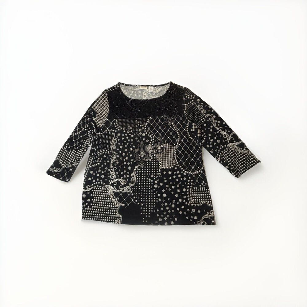 Chico’s Size 2 Black White Patchwork Print Top 3/4 Sleeve Stretch Blouse